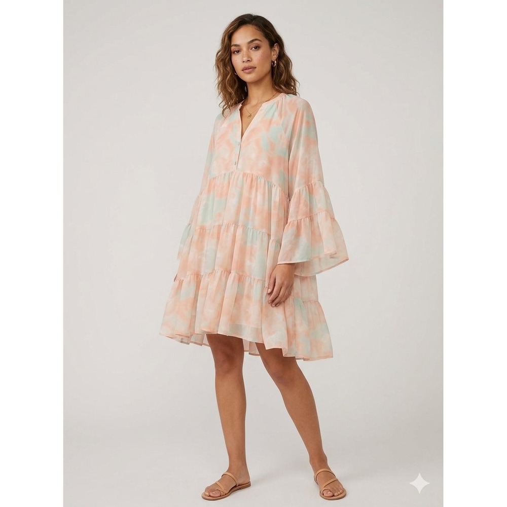 By Together Peach Mint Watercolor Tiered Babydoll Dress Small Bell Sleeve